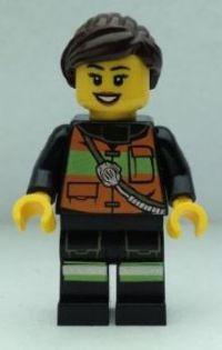 LEGO Minifigure-Fire - Reflective Stripe Vest with Pockets and Shoulder Strap, Female Dark Brown Ponytail and Swept Sideways Fringe-Town / City / Fire-CTY379-Creative Brick Builders